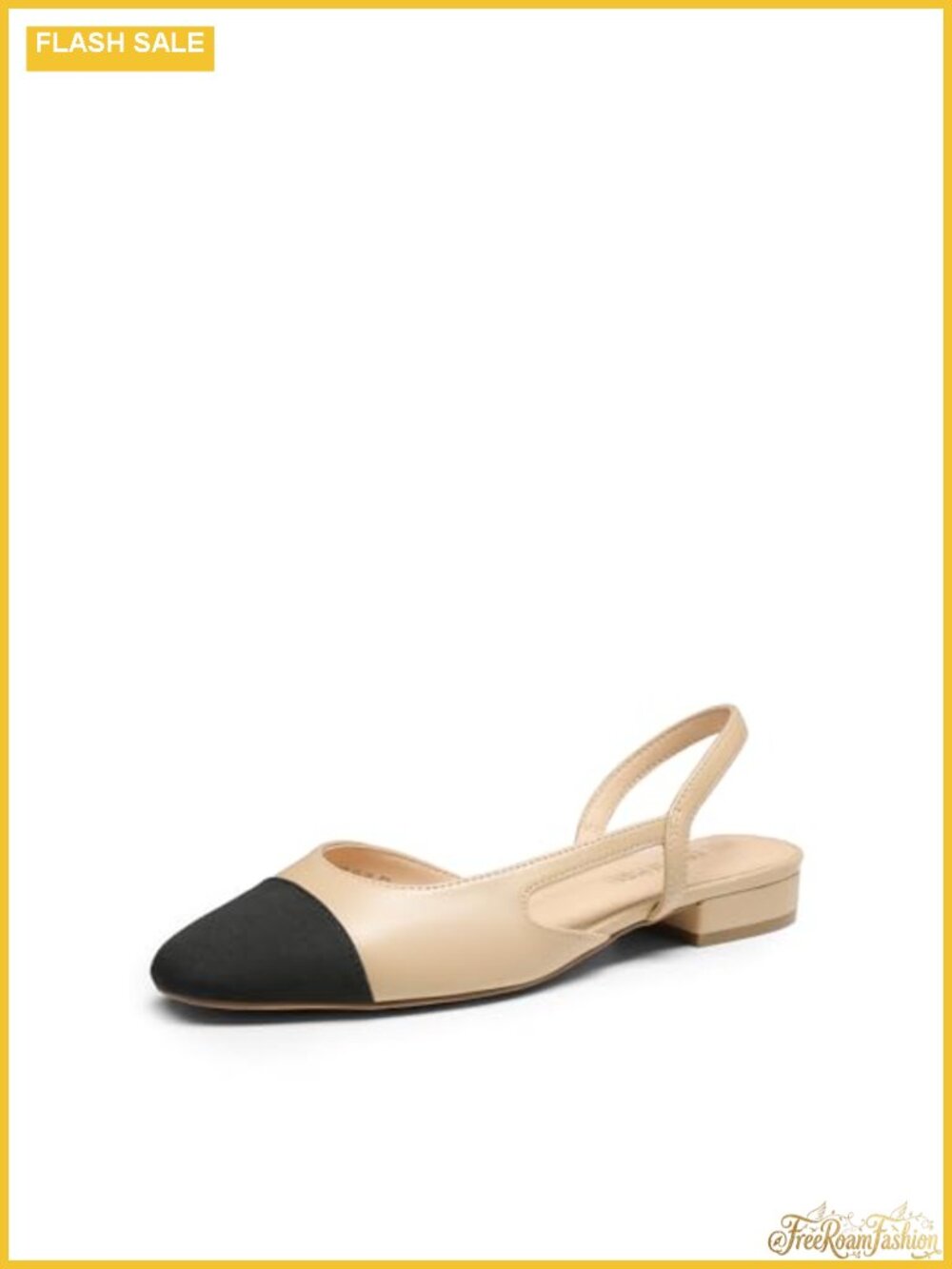 Slingback Ballet Flats with Low Block Heel & Cap Toe
